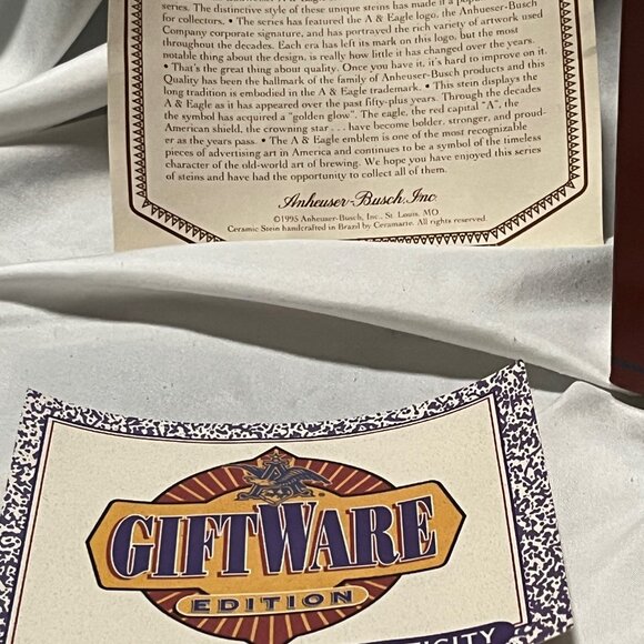 Budweiser A & Eagle Stein 1930 edition-Fourth in Series _#22574 stamped in gold - Picture 2 of 5